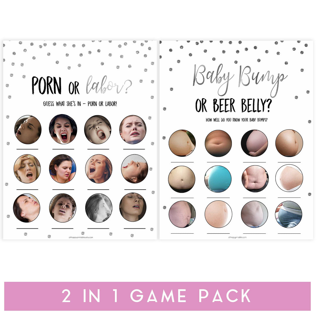 labor or porn, baby bump or beer belly games, Printable baby shower games, baby silver glitter fun baby games, baby shower games, fun baby shower ideas, top baby shower ideas, silver glitter shower baby shower, friends baby shower ideas