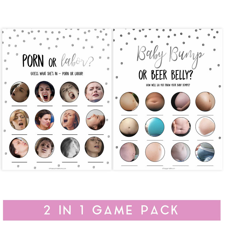 labor or porn, baby bump or beer belly games, Printable baby shower games, baby silver glitter fun baby games, baby shower games, fun baby shower ideas, top baby shower ideas, silver glitter shower baby shower, friends baby shower ideas