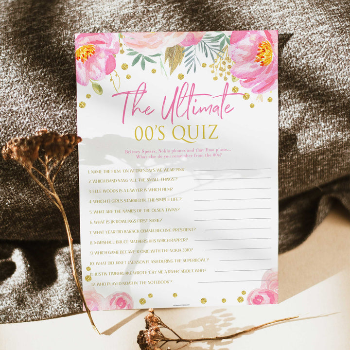 ultimate 00s quiz game,  printable bridal shower games, blush floral bridal shower games, fun bridal shower games
