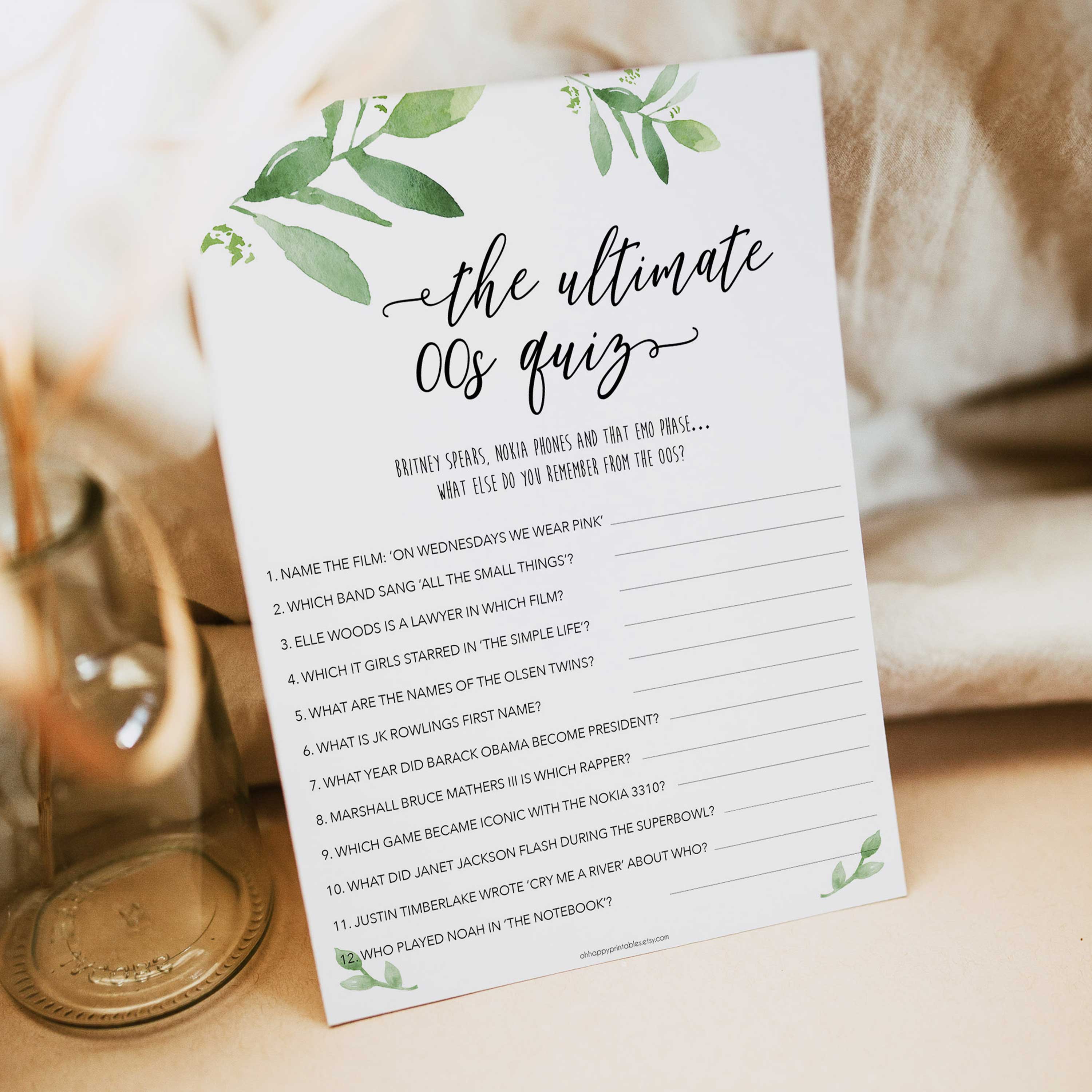 ultimate 00s quiz game, greenery bridal shower, fun bridal shower games, bachelorette party games, floral bridal games, hen party ideas