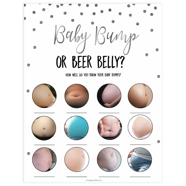 baby bump or beer belly game, Printable baby shower games, baby silver glitter fun baby games, baby shower games, fun baby shower ideas, top baby shower ideas, silver glitter shower baby shower, friends baby shower ideas