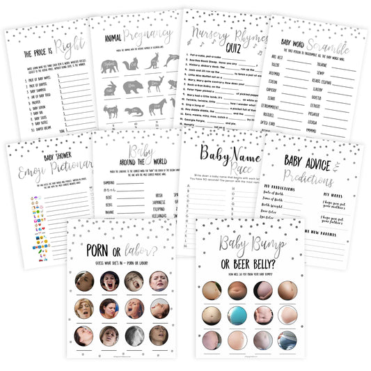 10 baby shower games, baby games bundle, Printable baby shower games, baby silver glitter fun baby games, baby shower games, fun baby shower ideas, top baby shower ideas, silver glitter shower baby shower, friends baby shower ideas