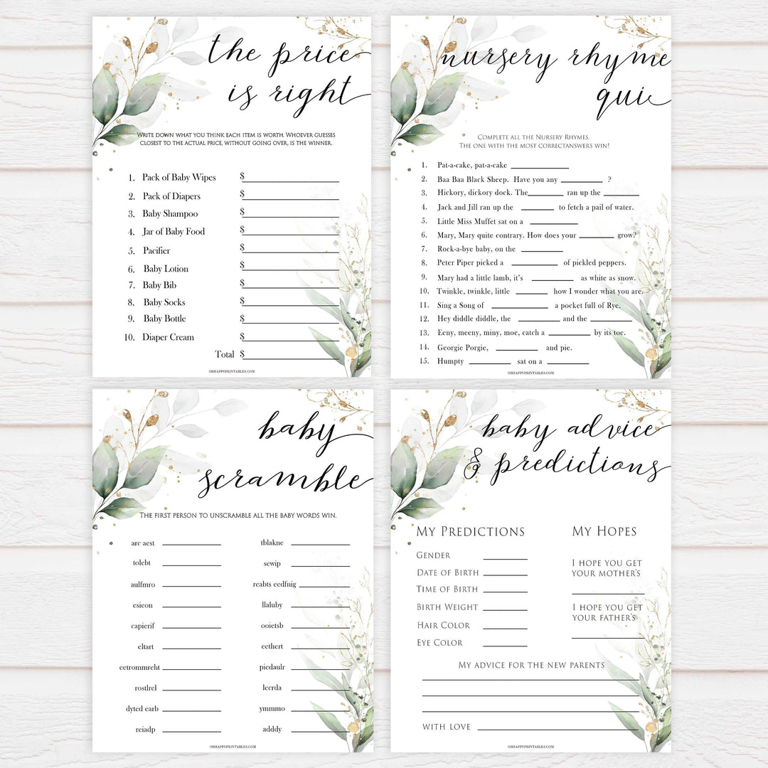 Gold green leaf baby games, 10 baby shower games bundle, printable baby games, fun baby games, top baby games to play, gold leaf baby shower, greenery baby shower ideas