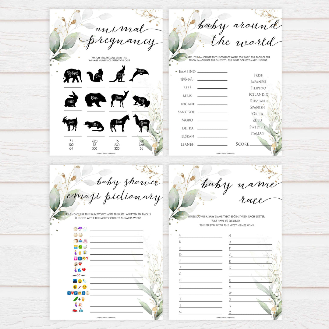 Gold green leaf baby games, 10 baby shower games bundle, printable baby games, fun baby games, top baby games to play, gold leaf baby shower, greenery baby shower ideas