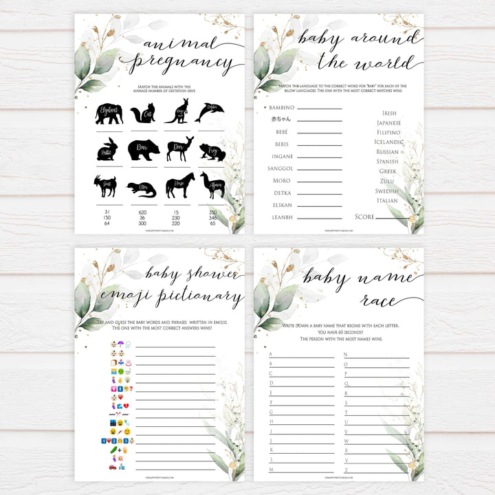Gold green leaf baby games, 10 baby shower games bundle, printable baby games, fun baby games, top baby games to play, gold leaf baby shower, greenery baby shower ideas
