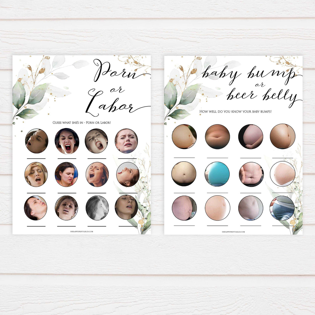 Gold green leaf baby games, 10 baby shower games bundle, printable baby games, fun baby games, top baby games to play, gold leaf baby shower, greenery baby shower ideas