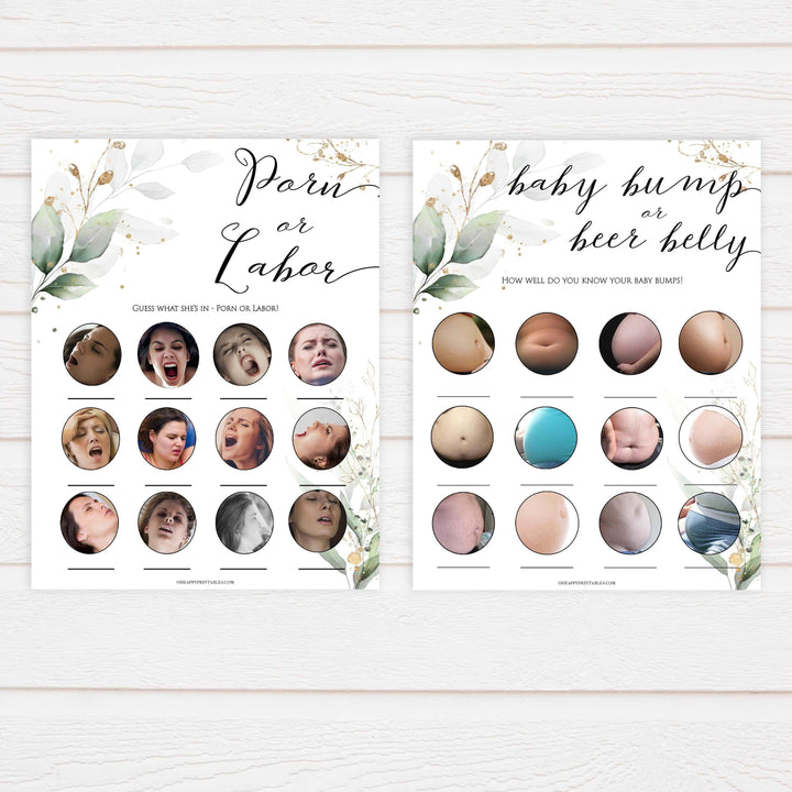 Gold green leaf baby games, 10 baby shower games bundle, printable baby games, fun baby games, top baby games to play, gold leaf baby shower, greenery baby shower ideas