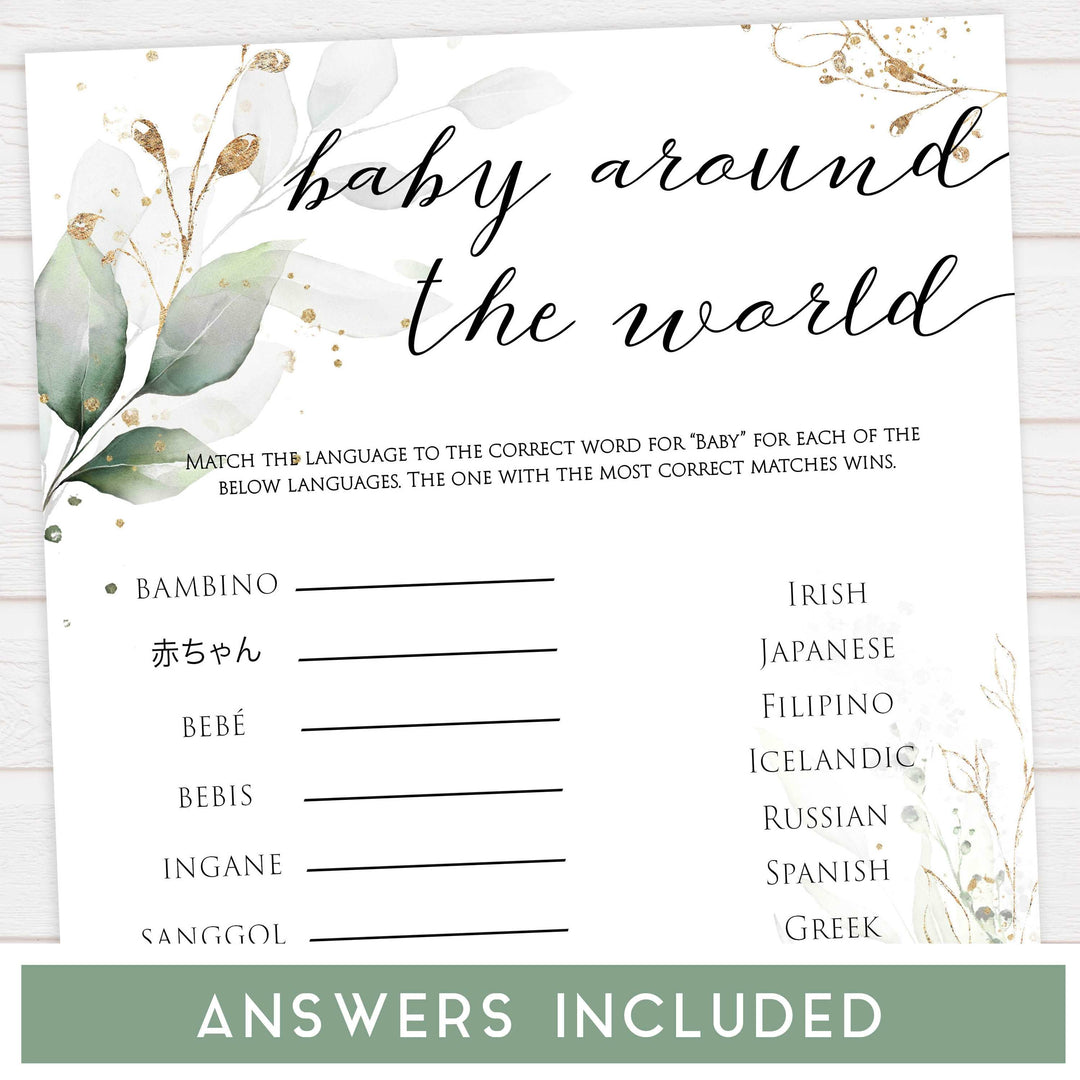 Gold green leaf baby games, 10 baby shower games bundle, printable baby games, fun baby games, top baby games to play, gold leaf baby shower, greenery baby shower ideas