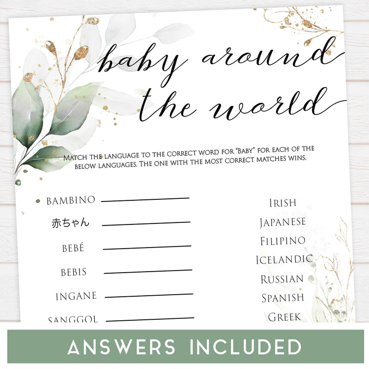 Gold green leaf baby games, 10 baby shower games bundle, printable baby games, fun baby games, top baby games to play, gold leaf baby shower, greenery baby shower ideas