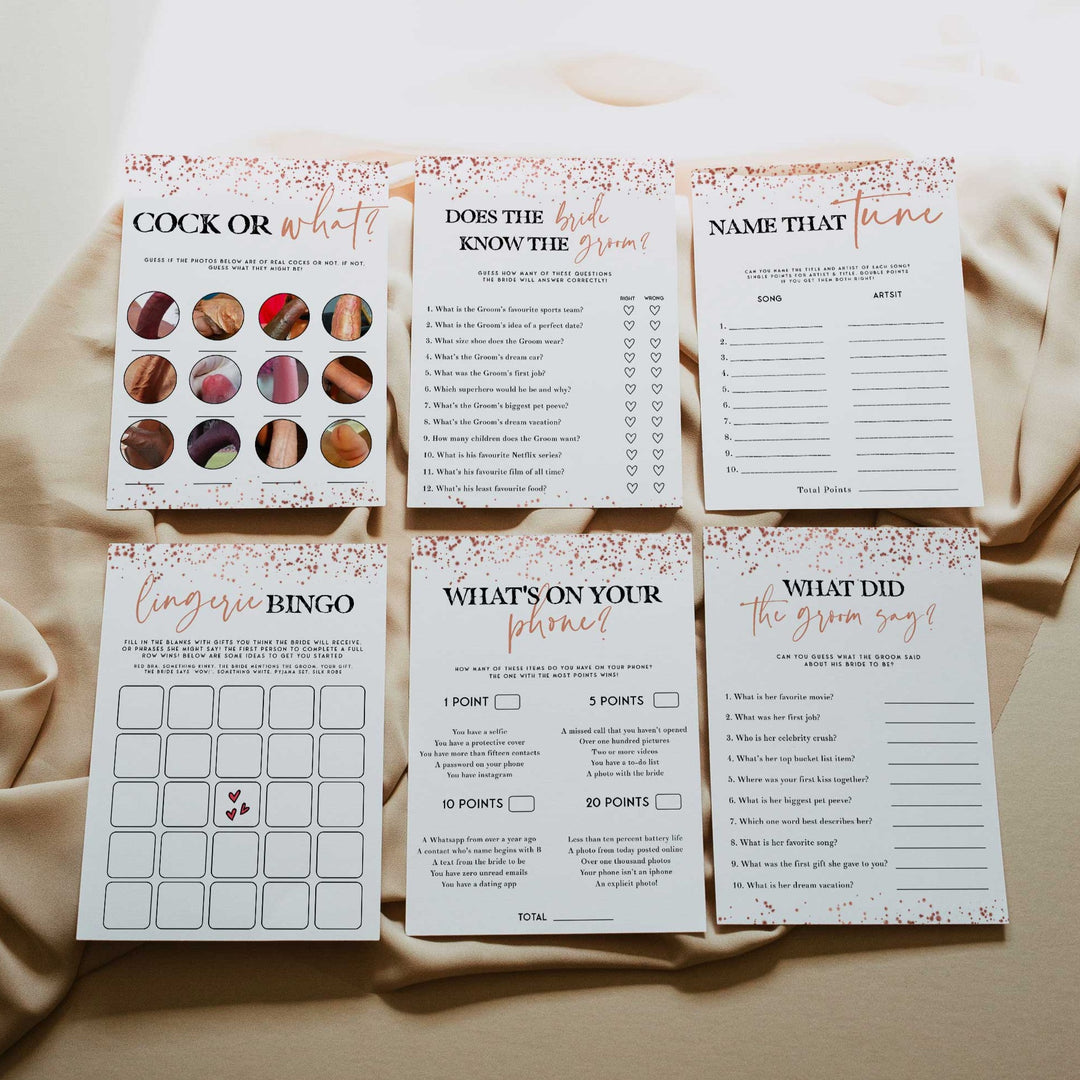 100 editable bridal shower games, rose gold foil bridal shower collection. Largest collection of bridal shower and bachelorette games online