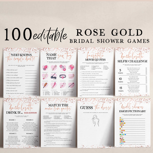 100 editable bridal shower games, rose gold foil bridal shower collection. Largest collection of bridal shower and bachelorette games online