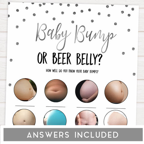 baby bump or beer belly game, Printable baby shower games, baby silver glitter fun baby games, baby shower games, fun baby shower ideas, top baby shower ideas, silver glitter shower baby shower, friends baby shower ideas