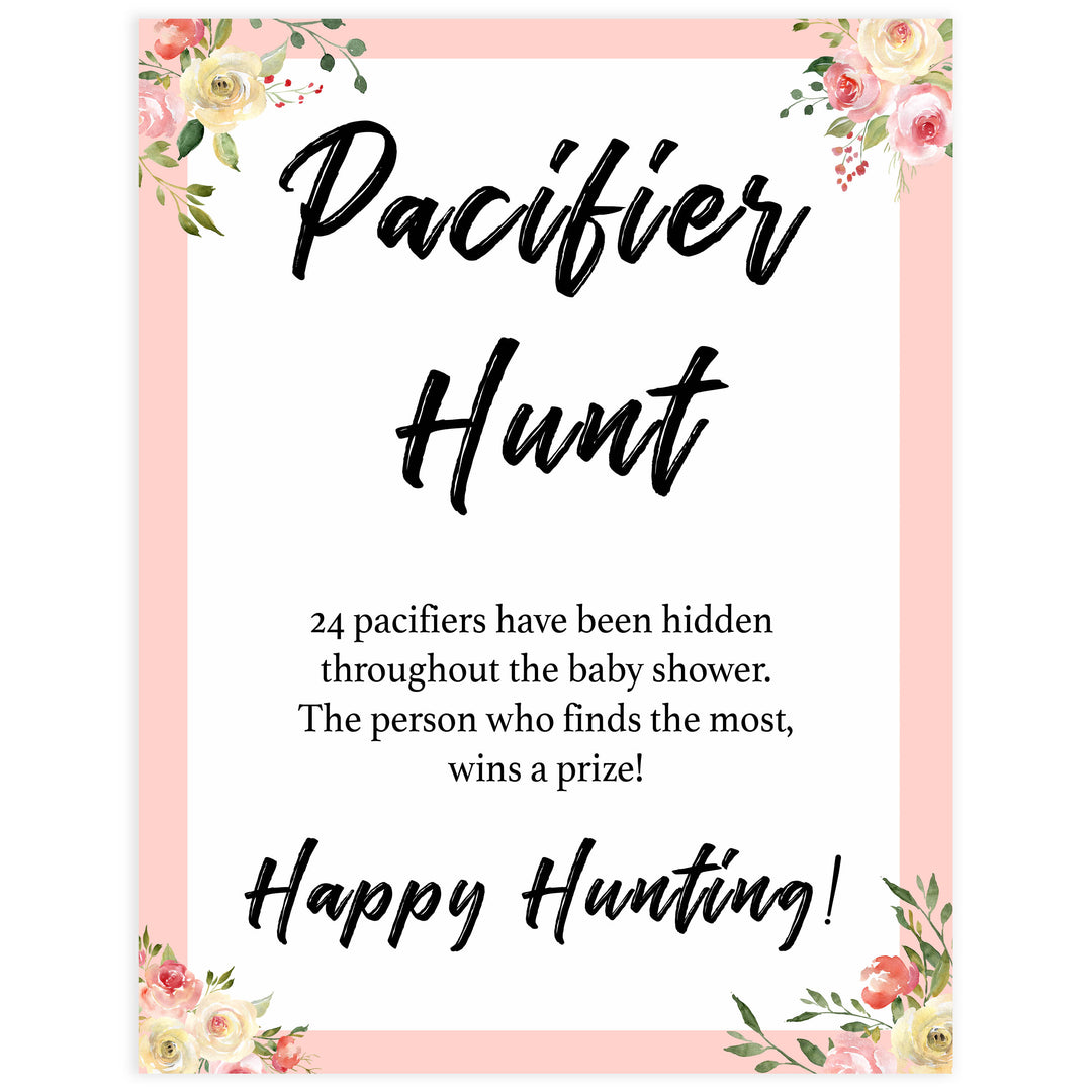 pacifier hunt game, pacifier hunt, Printable baby shower games, floral fun baby games, baby shower games, fun baby shower ideas, top baby shower ideas, floral baby shower, blue baby shower ideas