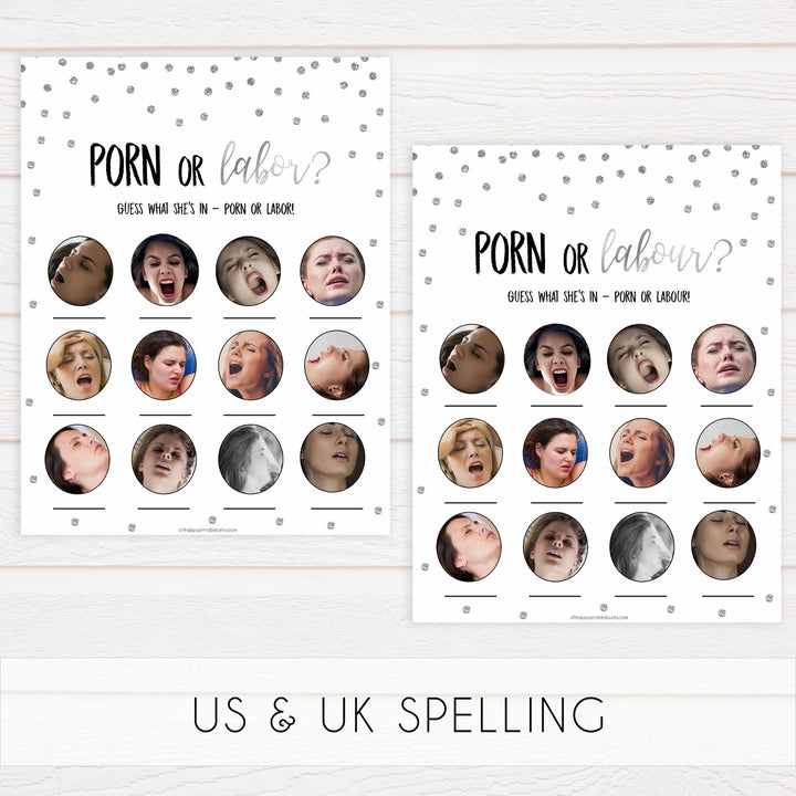labor or porn, baby bump or beer belly, boobs or butts game, Printable baby shower games, baby silver glitter fun baby games, baby shower games, fun baby shower ideas, top baby shower ideas, silver glitter shower baby shower, friends baby shower ideas