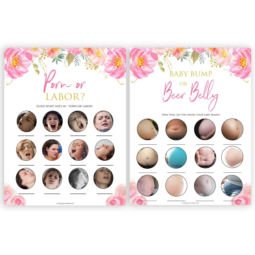 Pink blush floral baby shower game, porn or labor game, boobs butts game, baby bump game, printable baby games, baby shower games, blush baby shower, floral baby games, girl baby shower ideas, pink baby shower ideas, floral baby games, popular baby games, fun baby games