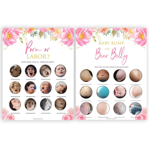 Pink blush floral baby shower game, porn or labor game, boobs butts game, baby bump game, printable baby games, baby shower games, blush baby shower, floral baby games, girl baby shower ideas, pink baby shower ideas, floral baby games, popular baby games, fun baby games