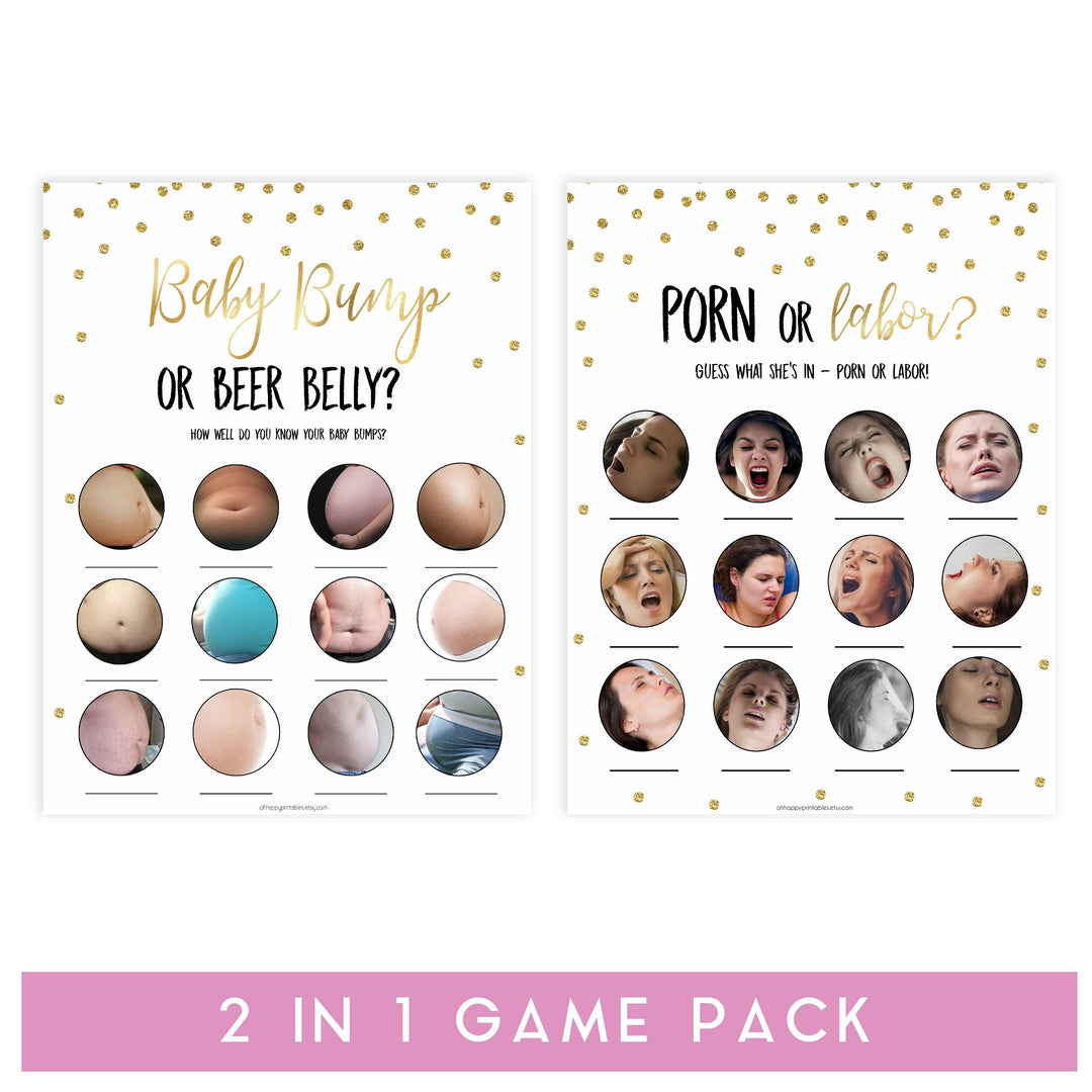 gold glitter baby shower games, printable baby games, porn or labor game, baby bump or beer belly game, 2 in 1 games.  Best baby games online, top baby games, fun baby games
