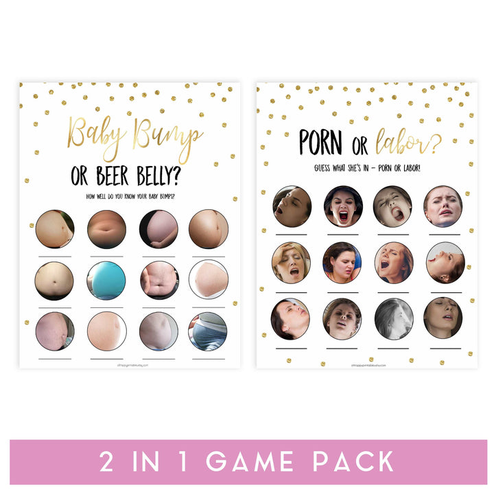 gold glitter baby shower games, printable baby games, porn or labor game, baby bump or beer belly game, 2 in 1 games.  Best baby games online, top baby games, fun baby games
