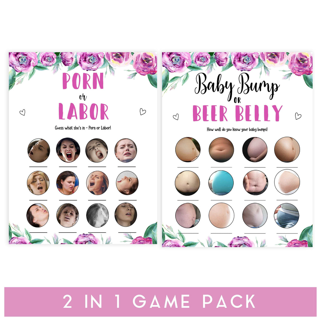 labor or porn, baby bump or beer belly, printable baby games, peonies baby games, floral baby shower games, fun baby games