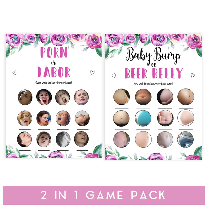 labor or porn, baby bump or beer belly, printable baby games, peonies baby games, floral baby shower games, fun baby games