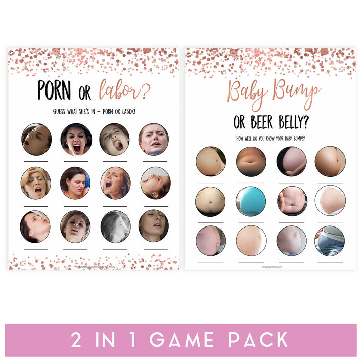 labor or porn, baby bump or beer belly game, Printable baby shower games, rose gold fun baby games, baby shower games, fun baby shower ideas, top baby shower ideas, blush baby shower, rose gold baby shower ideas