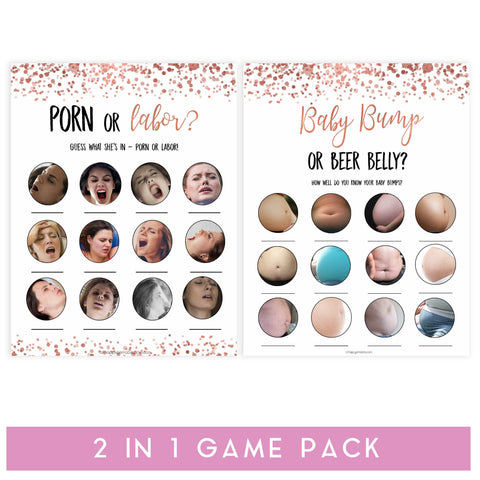 labor or porn, baby bump or beer belly game, Printable baby shower games, rose gold fun baby games, baby shower games, fun baby shower ideas, top baby shower ideas, blush baby shower, rose gold baby shower ideas
