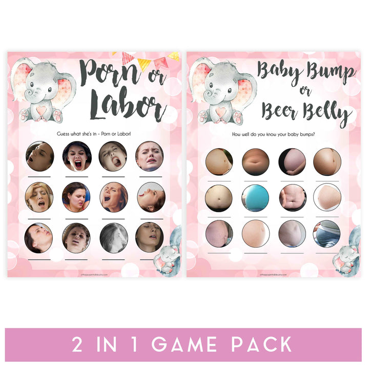 labor or porn, baby bump or beer belly game, Printable baby shower games, fun abby games, baby shower games, fun baby shower ideas, top baby shower ideas, pink elephant baby shower, pink baby shower ideas