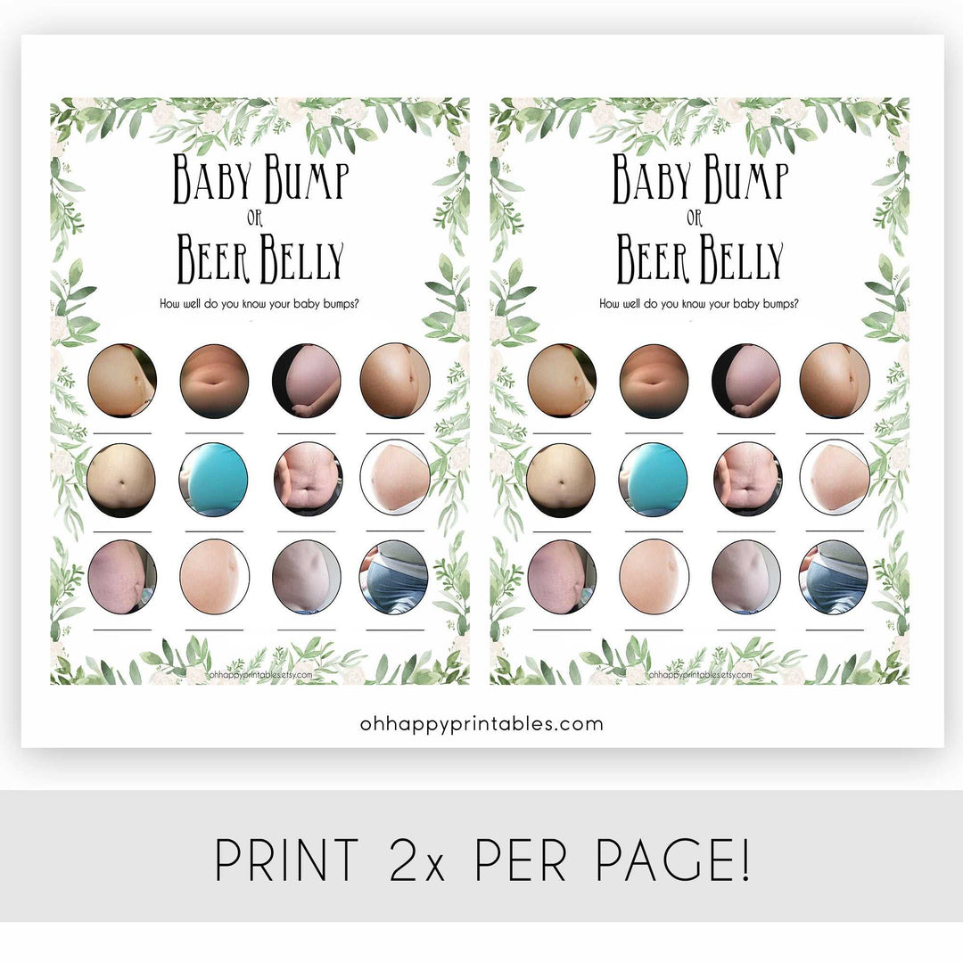 labor or porn, baby bump or beer belly game, Printable baby shower games, greenery baby shower games, fun floral baby games, botanical baby shower games,