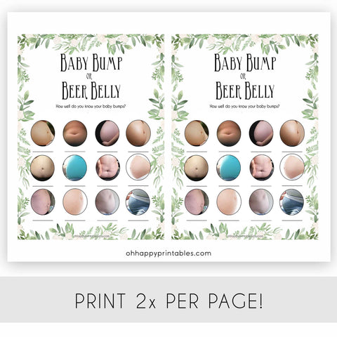 labor or porn, baby bump or beer belly game, Printable baby shower games, greenery baby shower games, fun floral baby games, botanical baby shower games,