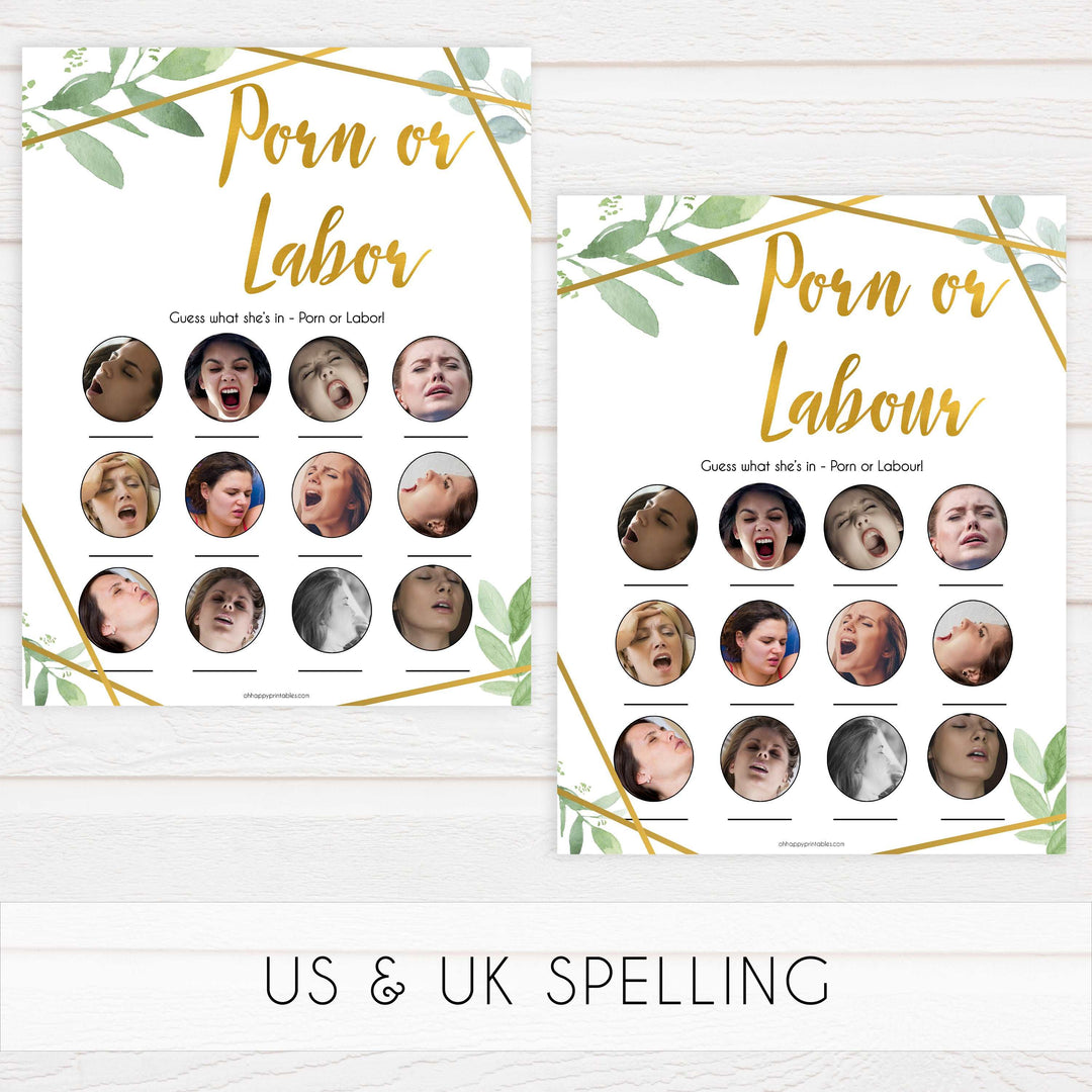 labor or porn, baby bump or beer belly game, Printable baby shower games, geometric fun baby games, baby shower games, fun baby shower ideas, top baby shower ideas, gold baby shower, blue baby shower ideas