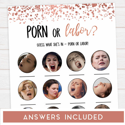labor or porn, baby bump or beer belly game, Printable baby shower games, rose gold fun baby games, baby shower games, fun baby shower ideas, top baby shower ideas, blush baby shower, rose gold baby shower ideas