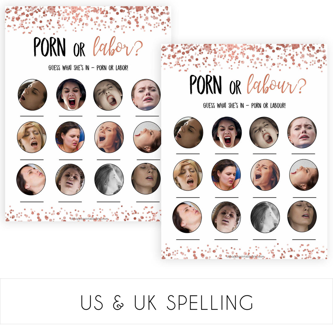 labor or porn, baby bump or beer belly game, Printable baby shower games, rose gold fun baby games, baby shower games, fun baby shower ideas, top baby shower ideas, blush baby shower, rose gold baby shower ideas