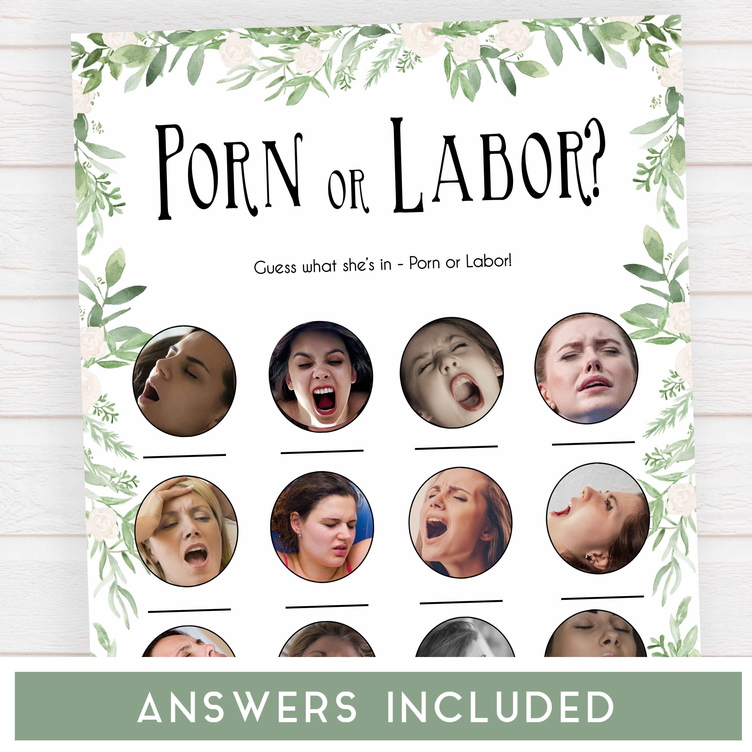 labor or porn, baby bump or beer belly game, Printable baby shower games, greenery baby shower games, fun floral baby games, botanical baby shower games,