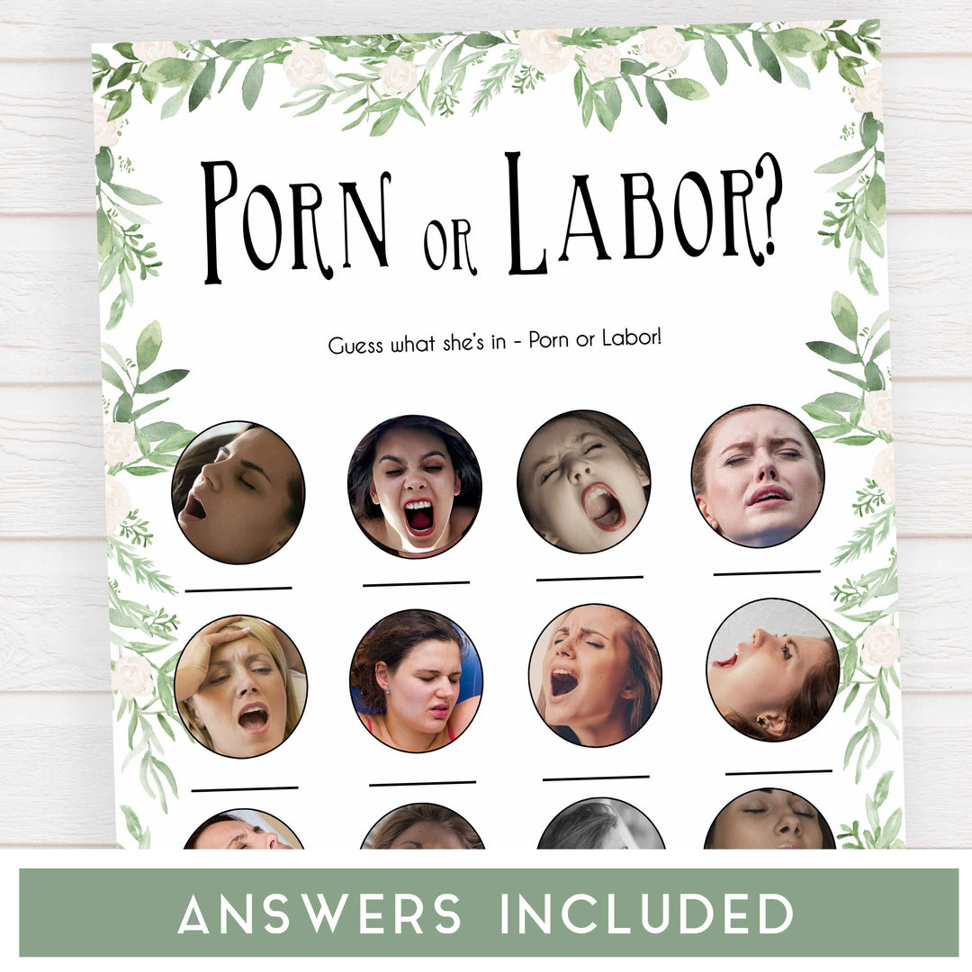 labor or porn, baby bump or beer belly game, Printable baby shower games, greenery baby shower games, fun floral baby games, botanical baby shower games,