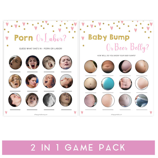 labor or porn, baby bump or beer belly game, Printable baby shower games, small pink hearts fun baby games, baby shower games, fun baby shower ideas, top baby shower ideas, gold baby shower, pink hearts baby shower ideas