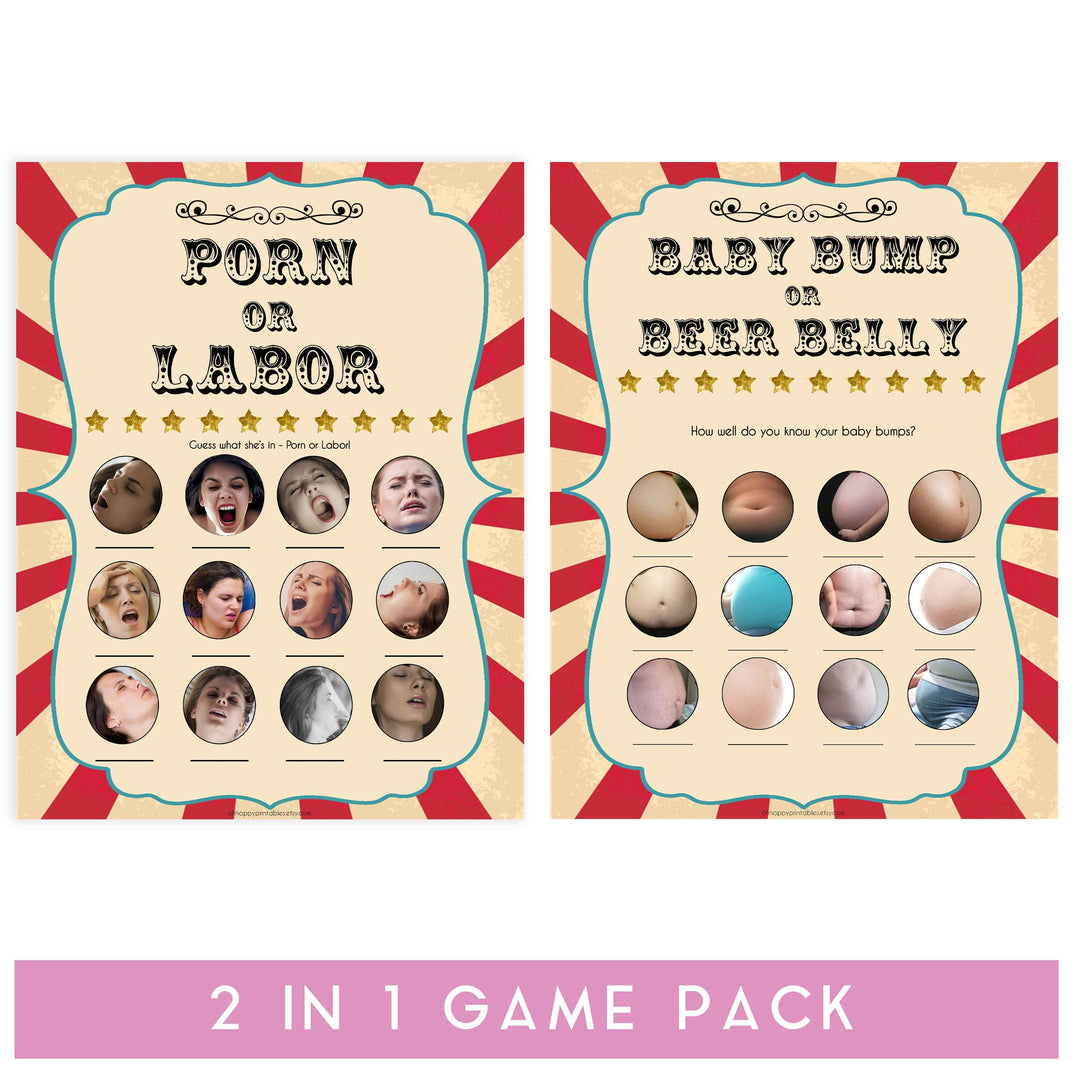 labor or porn, baby bump or beer belly game, Printable baby shower games, circus fun baby games, baby shower games, fun baby shower ideas, top baby shower ideas, carnival baby shower, circus baby shower ideas