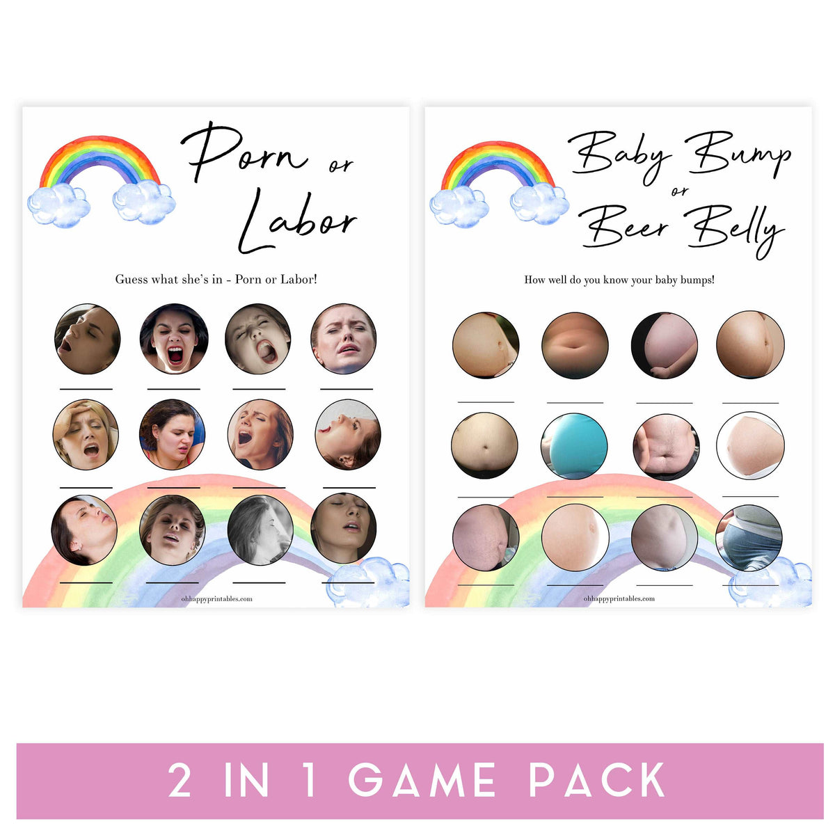 rainbow baby shower games, labor or porn baby games, baby bump or beer belly game, printable baby games, fun baby games, top 10 baby games
