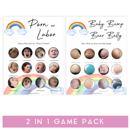 rainbow baby shower games, labor or porn baby games, baby bump or beer belly game, printable baby games, fun baby games, top 10 baby games