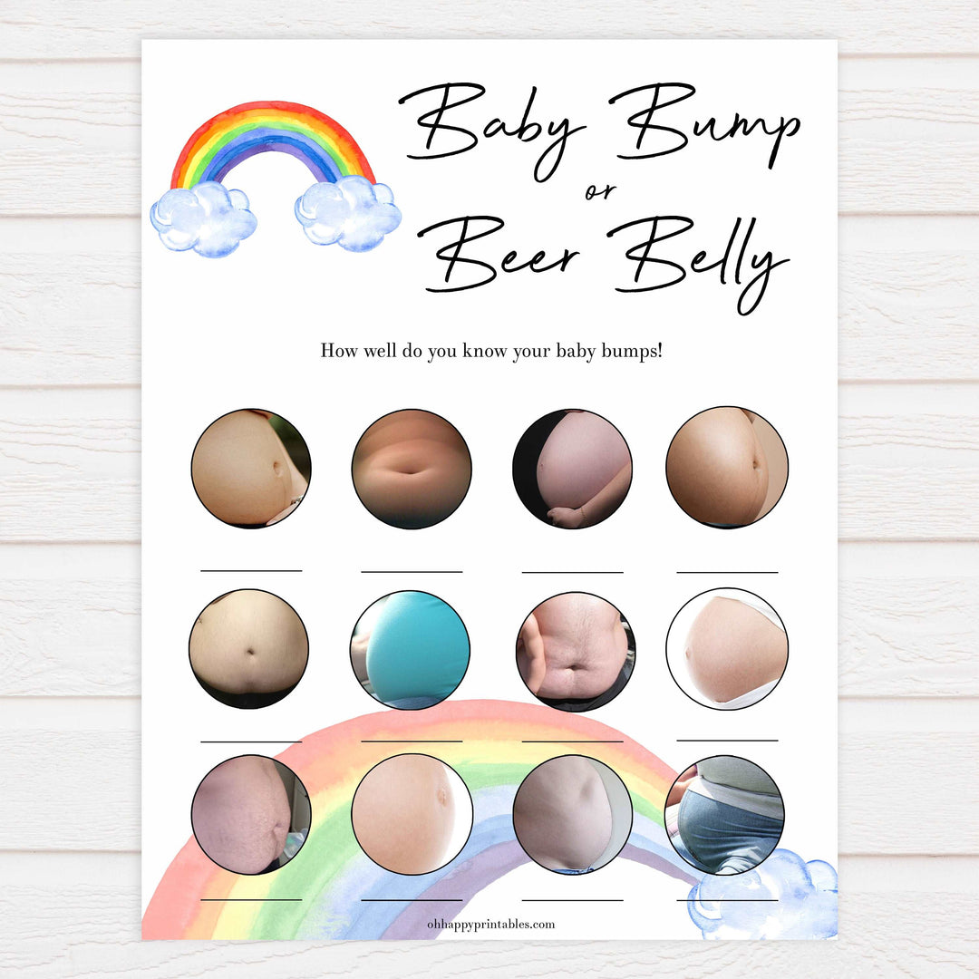 rainbow baby shower games, labor or porn baby games, baby bump or beer belly game, printable baby games, fun baby games, top 10 baby games