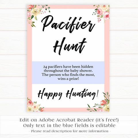 pacifier hunt game, pacifier hunt, Printable baby shower games, floral fun baby games, baby shower games, fun baby shower ideas, top baby shower ideas, floral baby shower, blue baby shower ideas