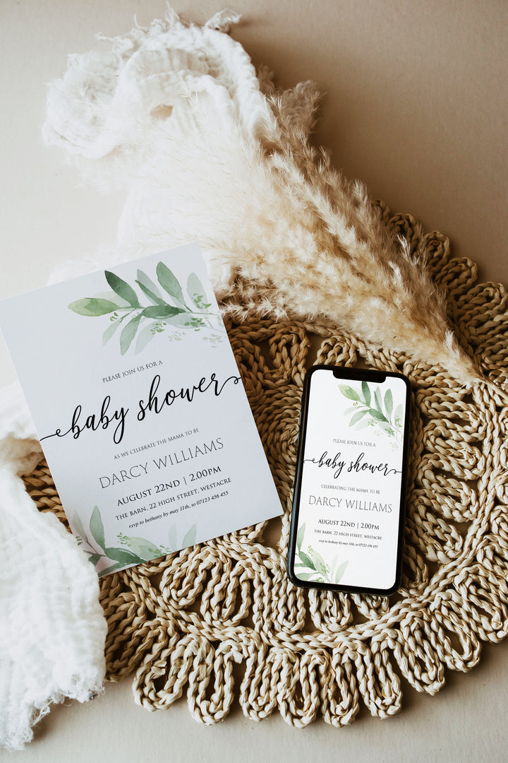 botanical baby shower theme, printable baby shower games, editable baby shower invitations, mega baby shower bundle, fun baby shower games