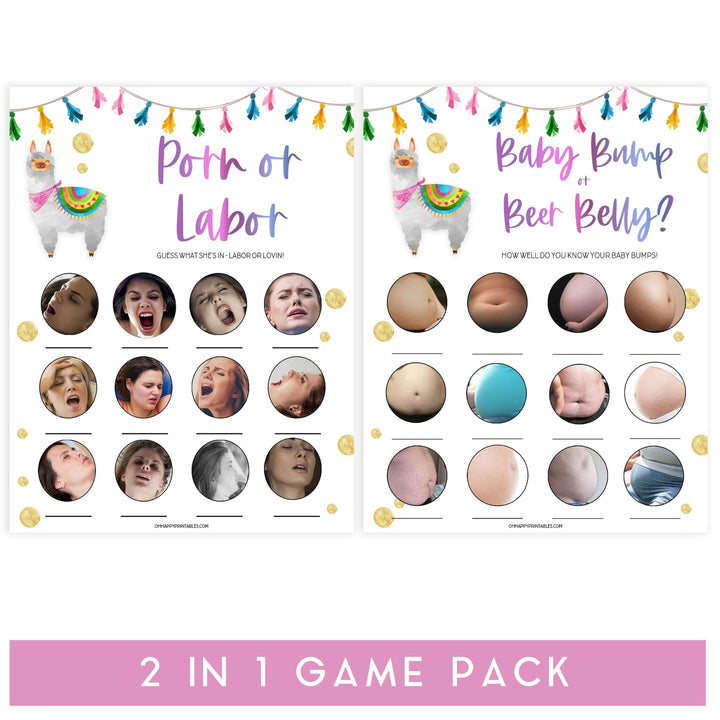 labor or porn, baby bump or beer belly game, Printable baby shower games, llama fiesta fun baby games, baby shower games, fun baby shower ideas, top baby shower ideas, Llama fiesta shower baby shower, fiesta baby shower ideas