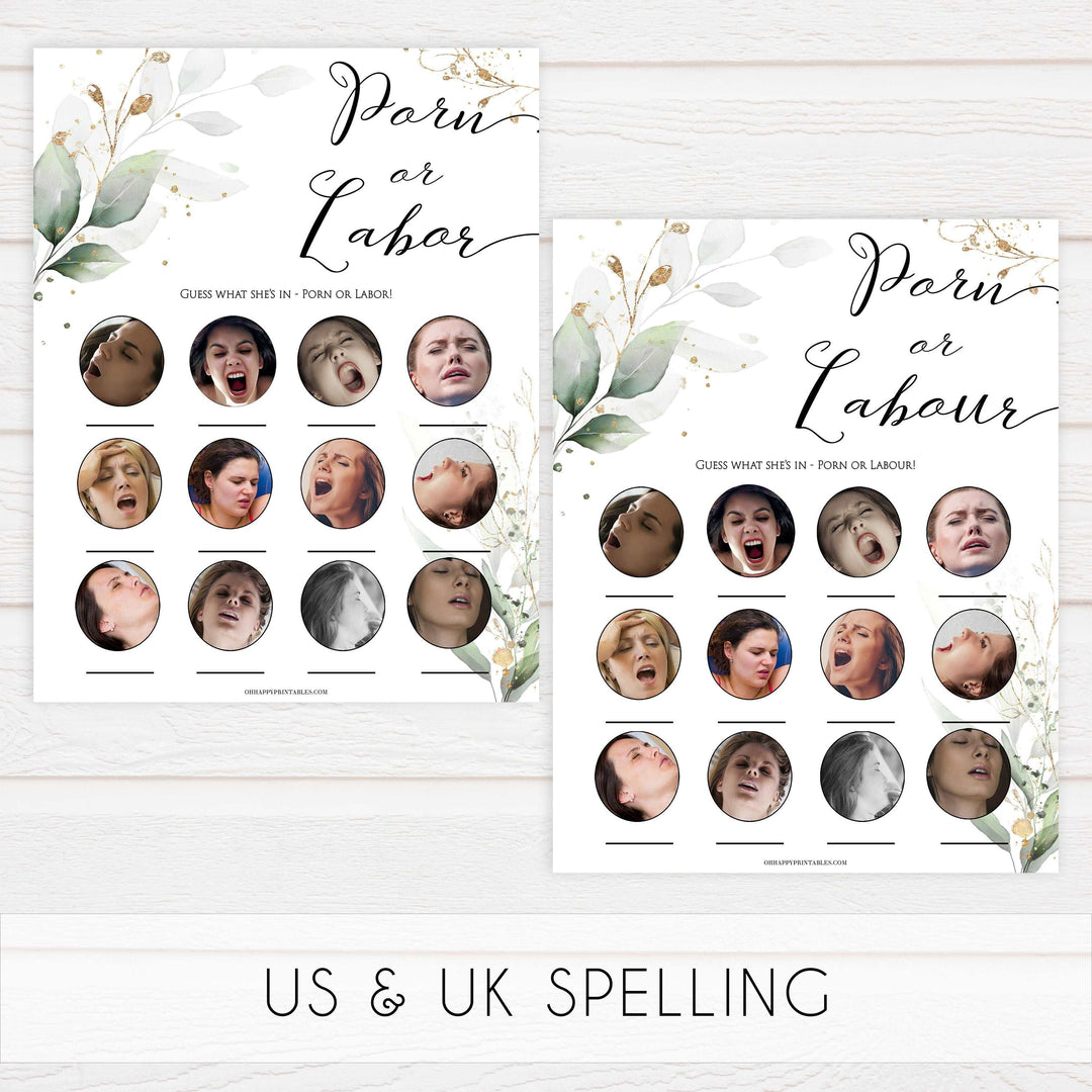 Gold green leaf baby games, labor or porn, baby bump, boobs or butts game, printable baby games, fun baby games, top baby games to play, gold leaf baby shower, greenery baby shower ideas