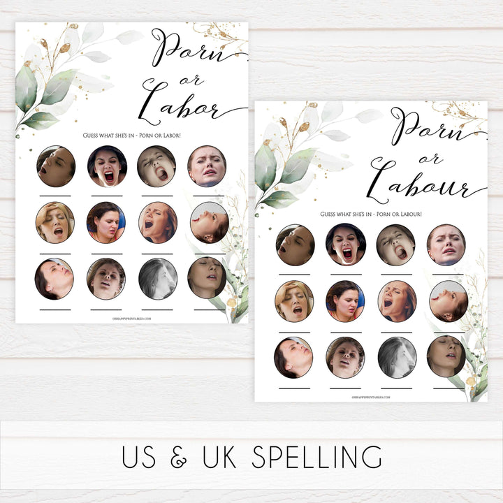 Gold green leaf baby games, labor or porn, baby bump, boobs or butts game, printable baby games, fun baby games, top baby games to play, gold leaf baby shower, greenery baby shower ideas