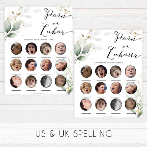 Gold green leaf baby games, labor or porn, baby bump, boobs or butts game, printable baby games, fun baby games, top baby games to play, gold leaf baby shower, greenery baby shower ideas