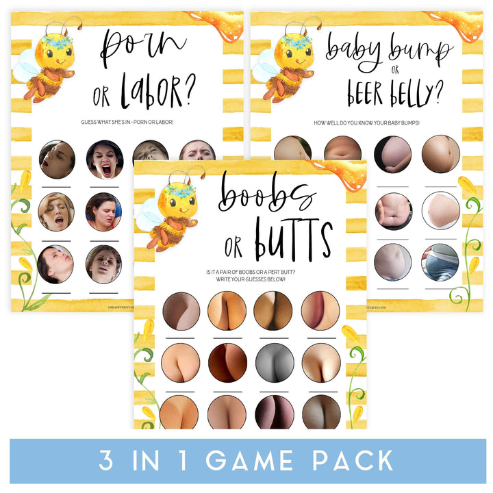 labor or porn, baby bump or beer belly, boobs or butts game, Printable baby shower games, mommy bee fun baby games, baby shower games, fun baby shower ideas, top baby shower ideas, mommy to bee baby shower, friends baby shower ideas