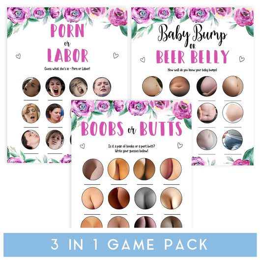 labor or porn, boobs or butts, baby bump games, printable baby games, peonies baby shower games, fun baby games