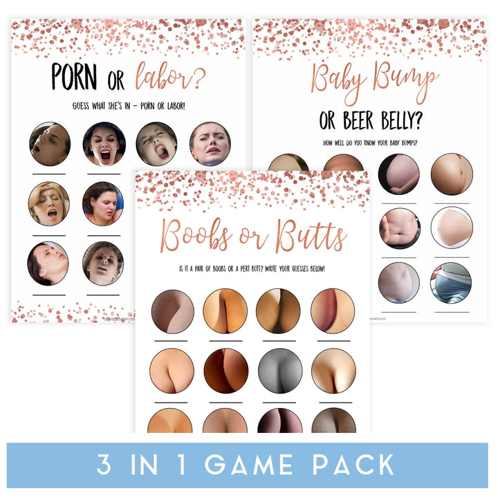 laobor or porn, baby bump or beer belly, boobs or butts game, Printable baby shower games, rose gold fun baby games, baby shower games, fun baby shower ideas, top baby shower ideas, blush baby shower, rose gold baby shower ideas