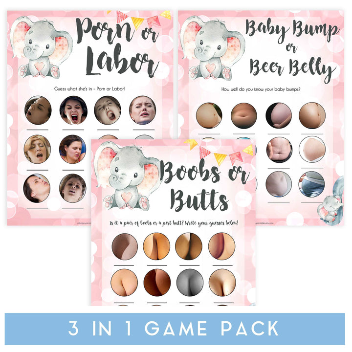 labor or porn, baby bump or beer belly, boobs or butts, Printable baby shower games, fun abby games, baby shower games, fun baby shower ideas, top baby shower ideas, pink elephant baby shower, pink baby shower ideas