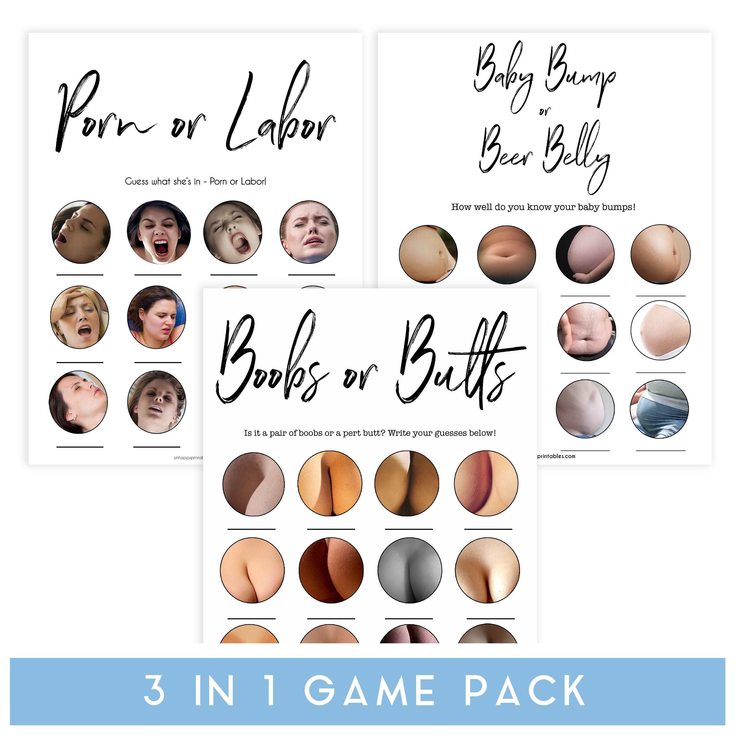 labor or porn, baby bump, boobs or butts game, printable baby shower games, gender neutral baby shower ideas, fun baby game ideas